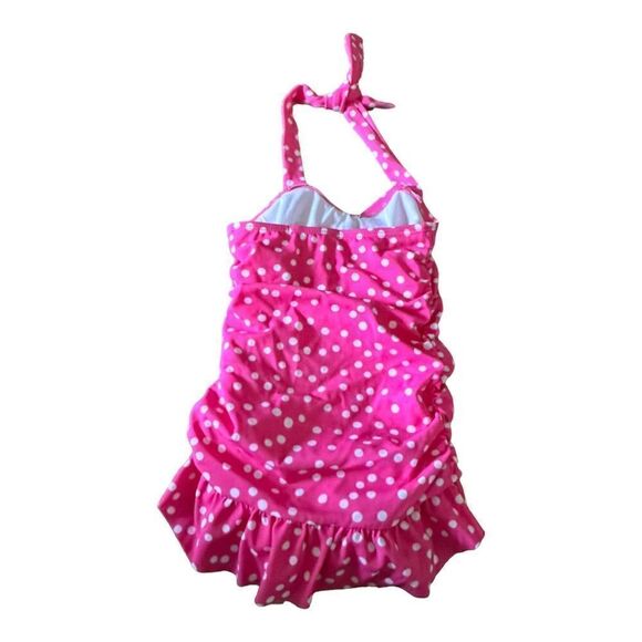 Janie and Jack | Girls Pink Polka Dot Ruffle One Piece Halter Swim Suit |12-18mo - Picture 3 of 4